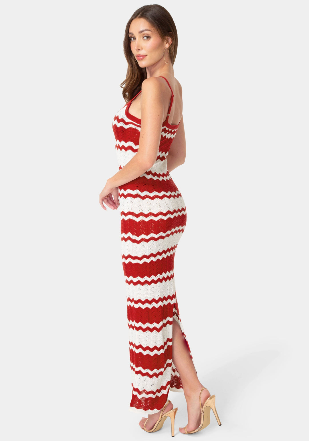 Back View-Stripe Crochet Keyhole Maxi Dress-BURGUNDY