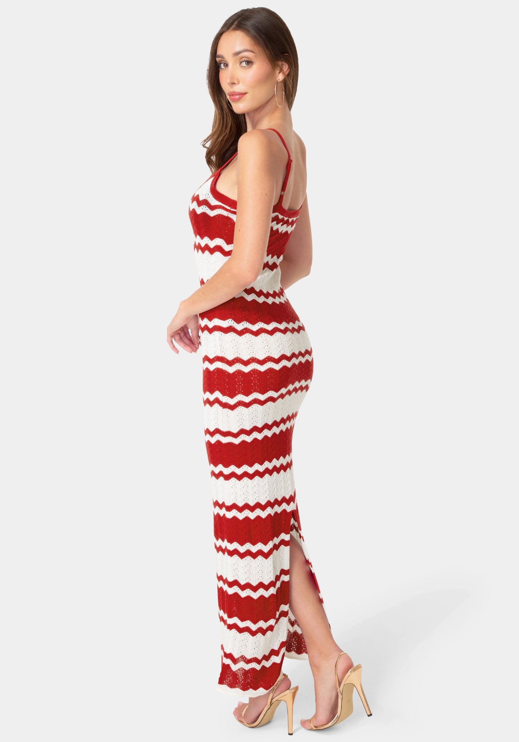 Back View-Stripe Crochet Keyhole Maxi Dress-BURGUNDY