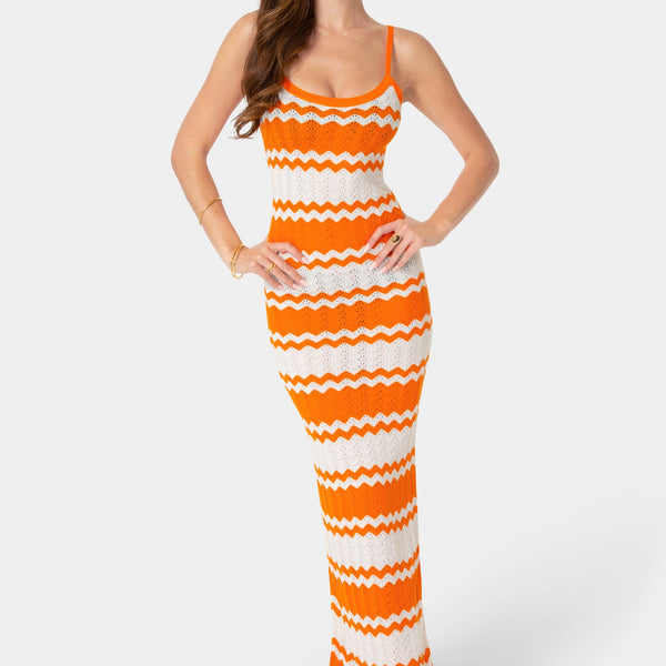Front View-Stripe Crochet Keyhole Maxi Dress-ORANGE WHITE