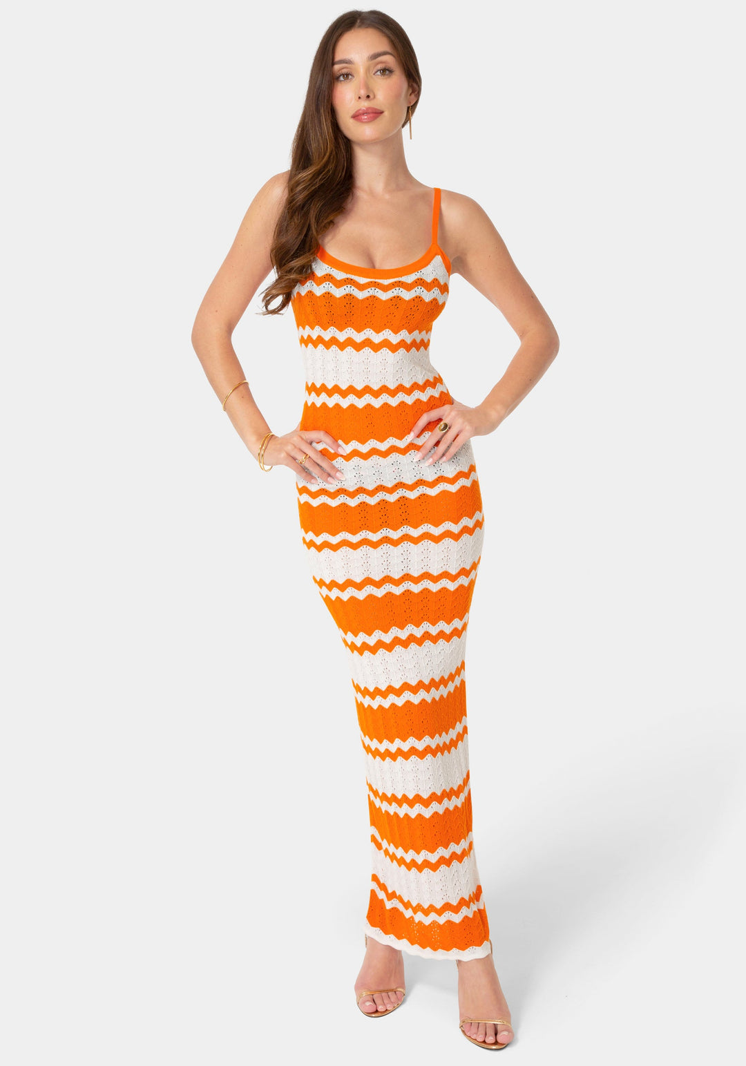 Front View-Stripe Crochet Keyhole Maxi Dress-ORANGE WHITE