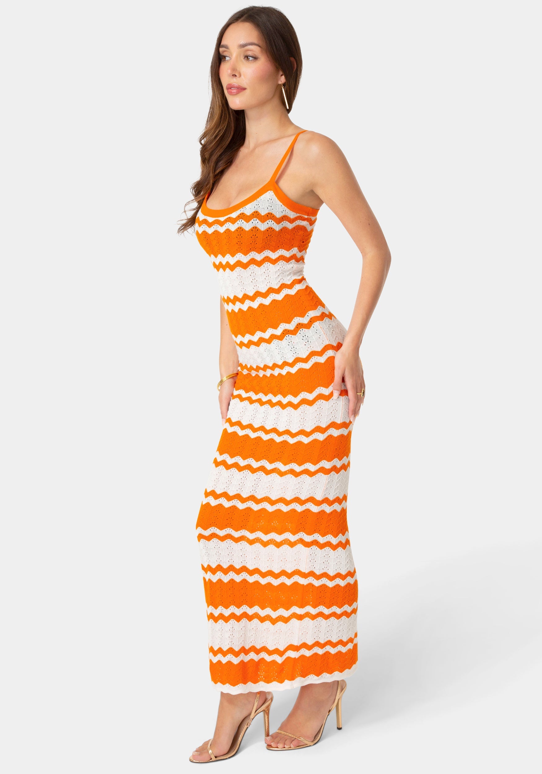 Side View-Stripe Crochet Keyhole Maxi Dress-ORANGE WHITE