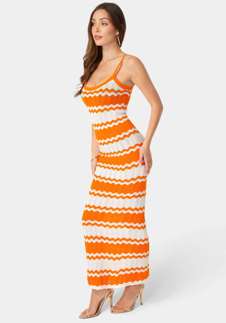 Side View-Stripe Crochet Keyhole Maxi Dress-ORANGE WHITE