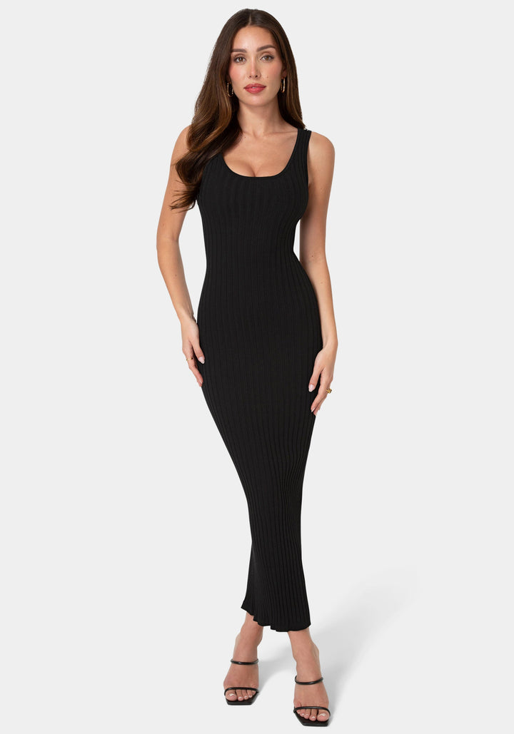 Front View-Crochet U-Neck Maxi Dress-Black