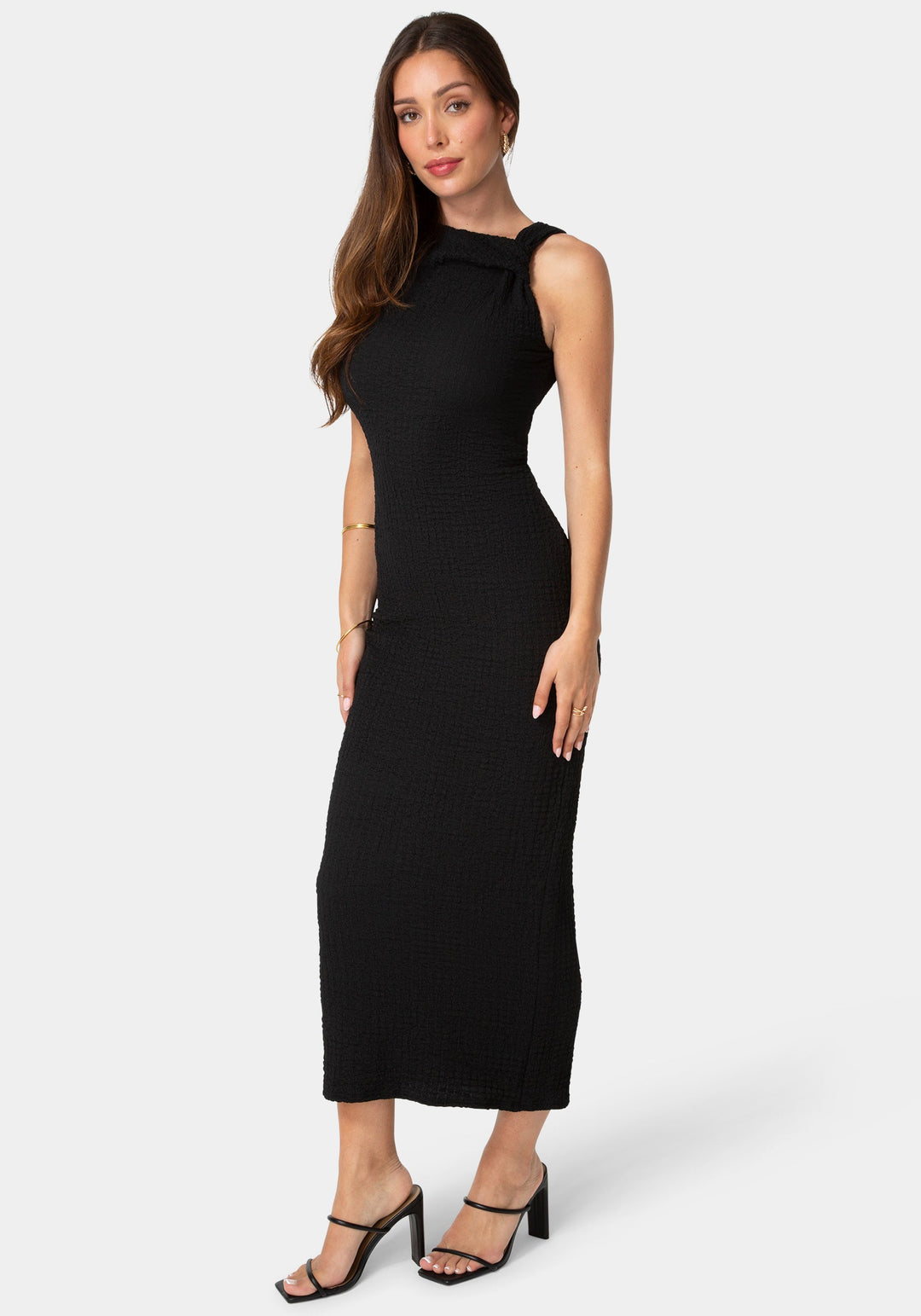 Side View-Waffle Crepe Twist Sleeveless Maxi Dress-Black