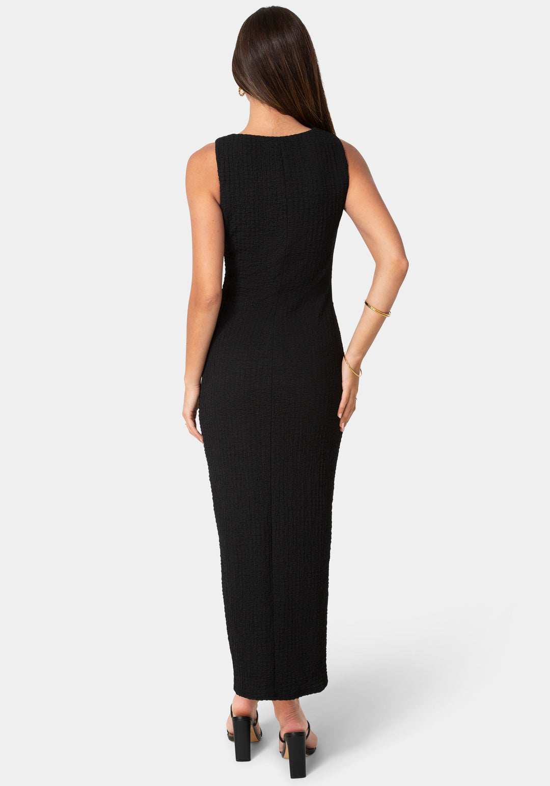 Back View-Waffle Crepe Twist Sleeveless Maxi Dress-Black