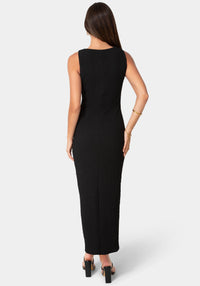 Back View-Waffle Crepe Twist Sleeveless Maxi Dress-Black