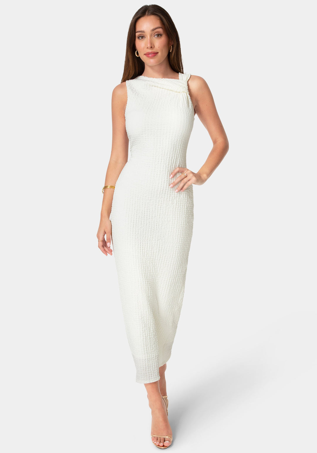 Bebe Women's Waffle Crepe Twist Sleeveless Maxi Dress, Size XS in Beige Polyester/Spandex Bebe Women's Waffle Crepe Twist Sleeveless Maxi Dress, Size XS in Beige Polyester/Spandex