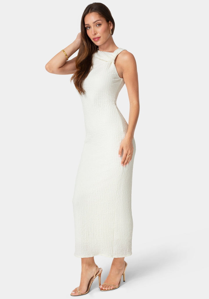 Side View-Waffle Crepe Twist Sleeveless Maxi Dress-Ivory