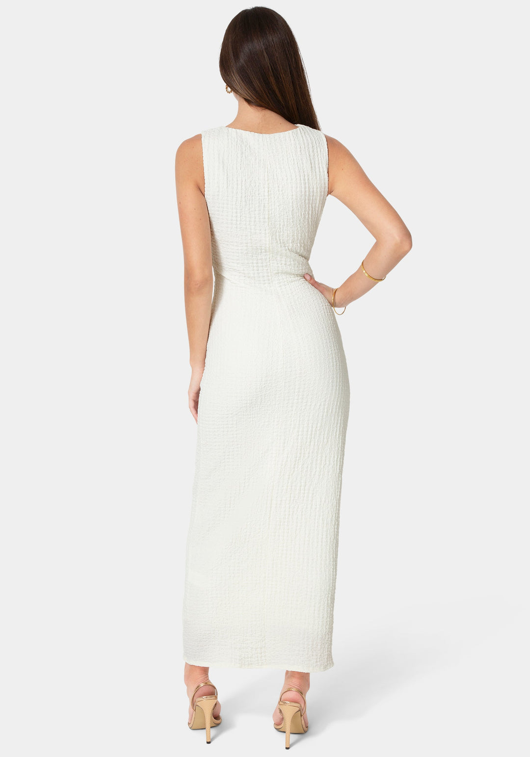 Back View-Waffle Crepe Twist Sleeveless Maxi Dress-Ivory