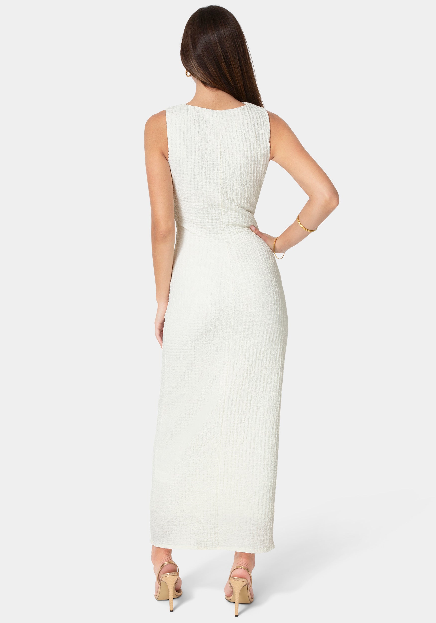 Back View-Waffle Crepe Twist Sleeveless Maxi Dress-Ivory