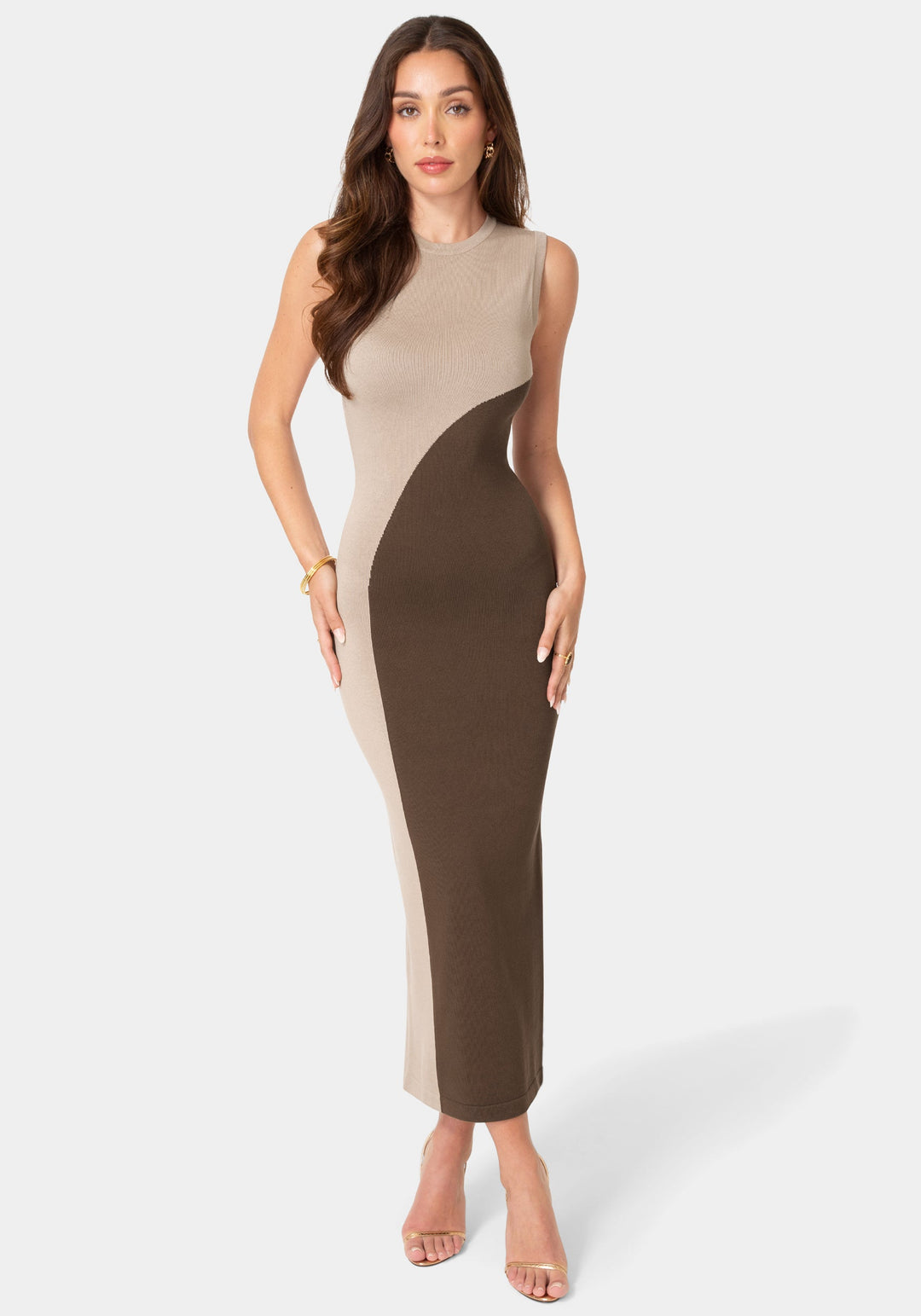 Front View-Colorblock Sleeveless Maxi Dress-Nude Chocolate