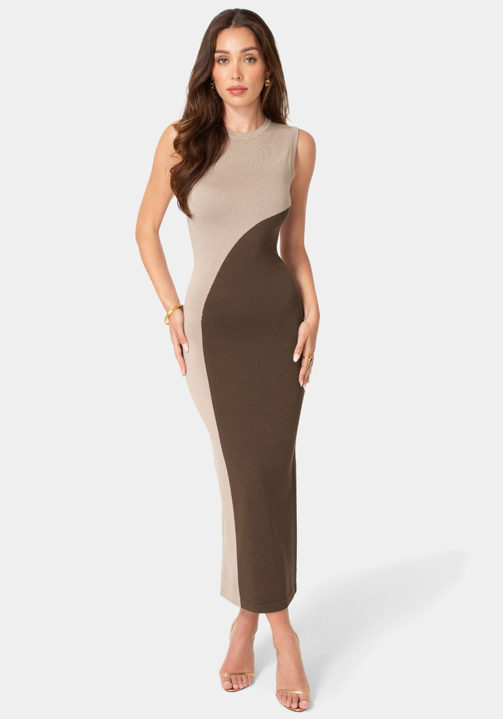 Front View-Colorblock Sleeveless Maxi Dress-Nude Chocolate