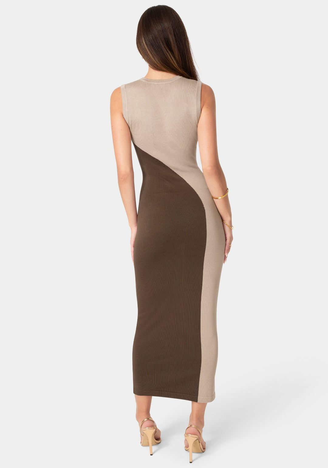 Back View-Colorblock Sleeveless Maxi Dress-Nude Chocolate