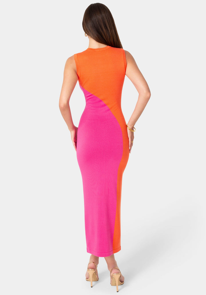 Back View-Colorblock Sleeveless Maxi Dress-Orange Fuchsia