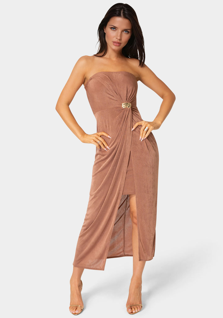 Front View-Strapless Twist Waist Maxi Dress-Mocha