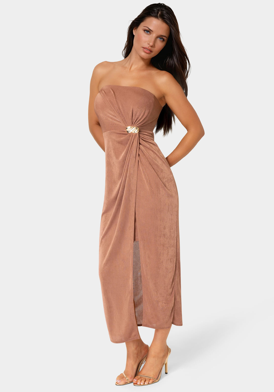 Side View-Strapless Twist Waist Maxi Dress-Mocha