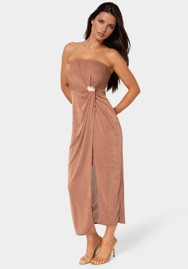 Side View-Strapless Twist Waist Maxi Dress-Mocha