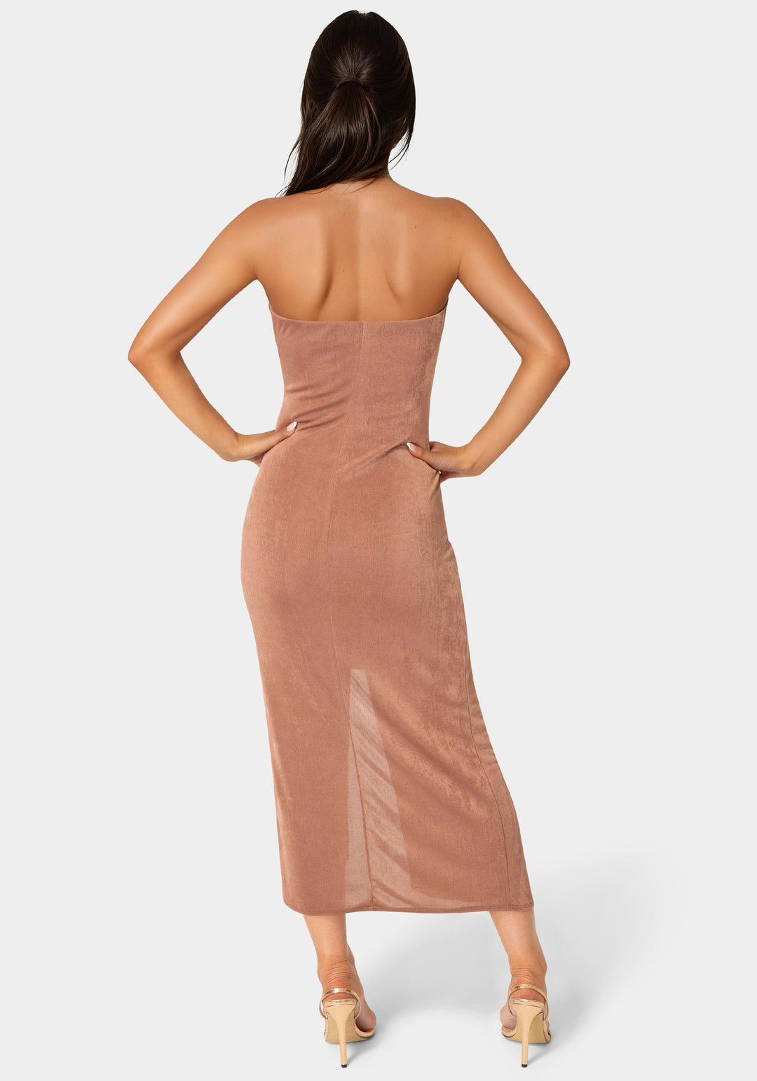 Back View-Strapless Twist Waist Maxi Dress-Mocha