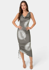 Front View-Printed Knit Cowl Midi Dress-Grey/Multi