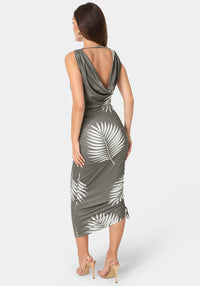 Back View-Printed Knit Cowl Midi Dress-Grey/Multi