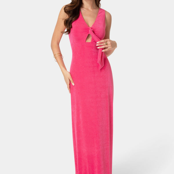Detail View-V-Neck Cutout Tie Maxi Dress-Fuchsia