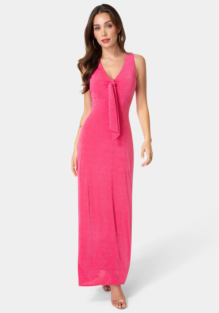 Front View-V-Neck Cutout Tie Maxi Dress-Fuchsia