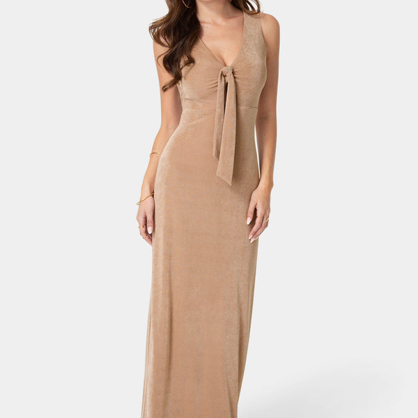 Front View-V-Neck Cutout Tie Maxi Dress-Mocha