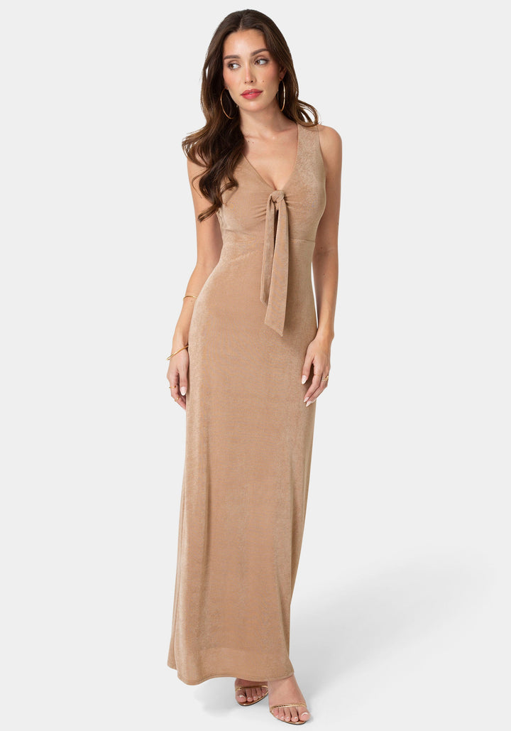 Front View-V-Neck Cutout Tie Maxi Dress-Mocha