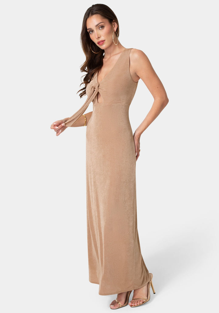 Side View-V-Neck Cutout Tie Maxi Dress-Mocha