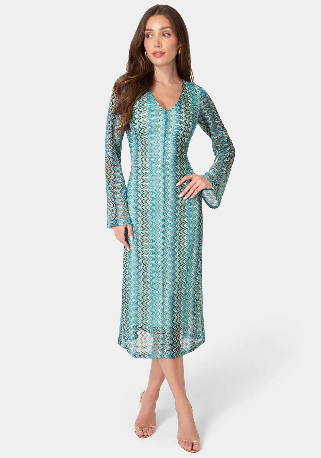 Front View-Crochet Stripe Bell Sleeve Maxi Dress-Blue Multi