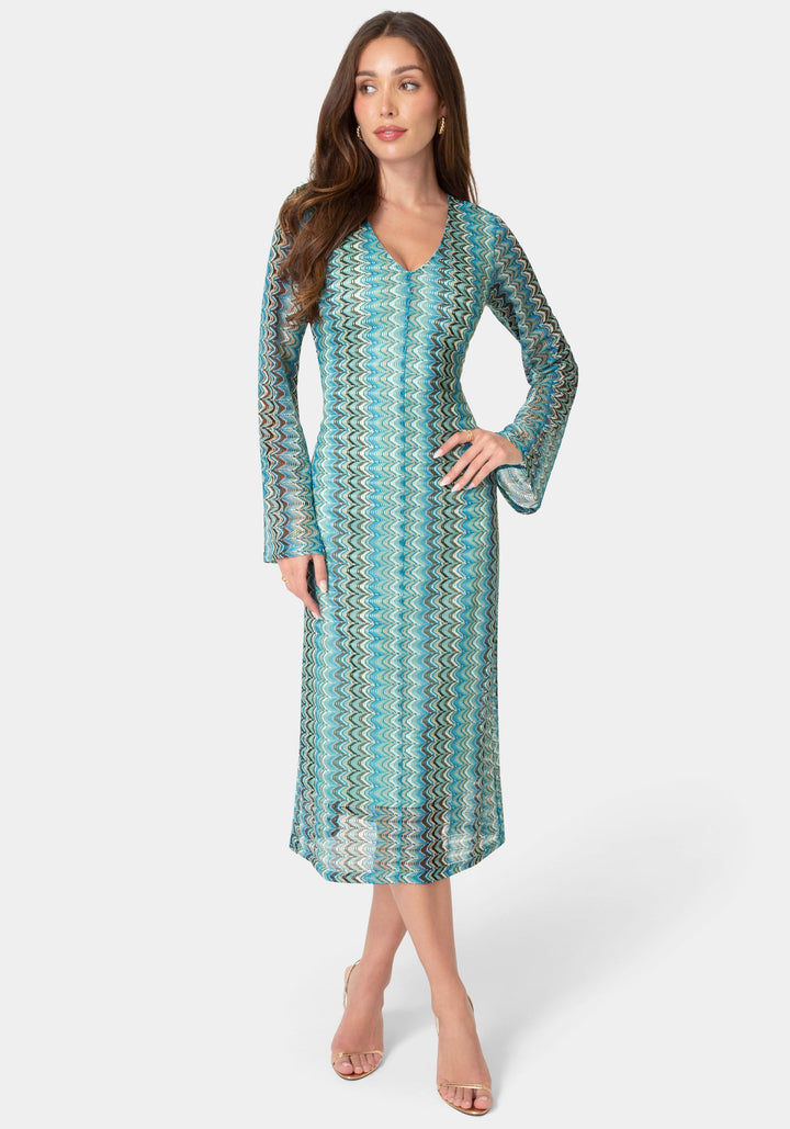 Front View-Crochet Stripe Bell Sleeve Maxi Dress-Blue Multi