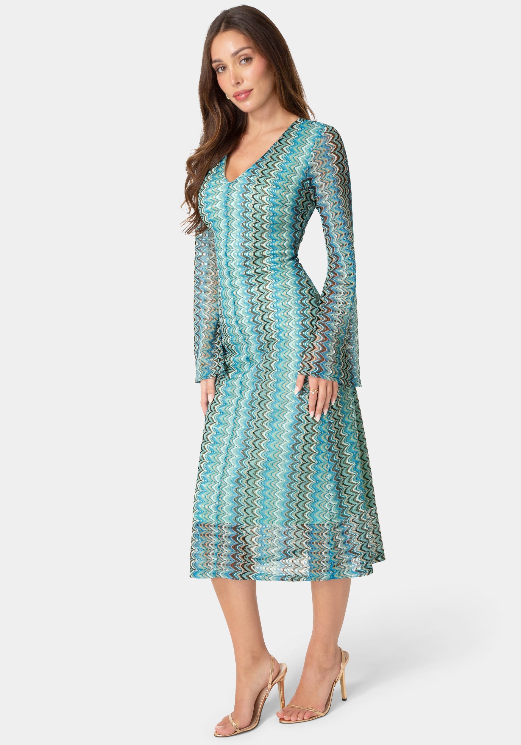 maxi bell sleeve dress Bebe Women's Crochet Stripe Bell Sleeve Maxi Dress