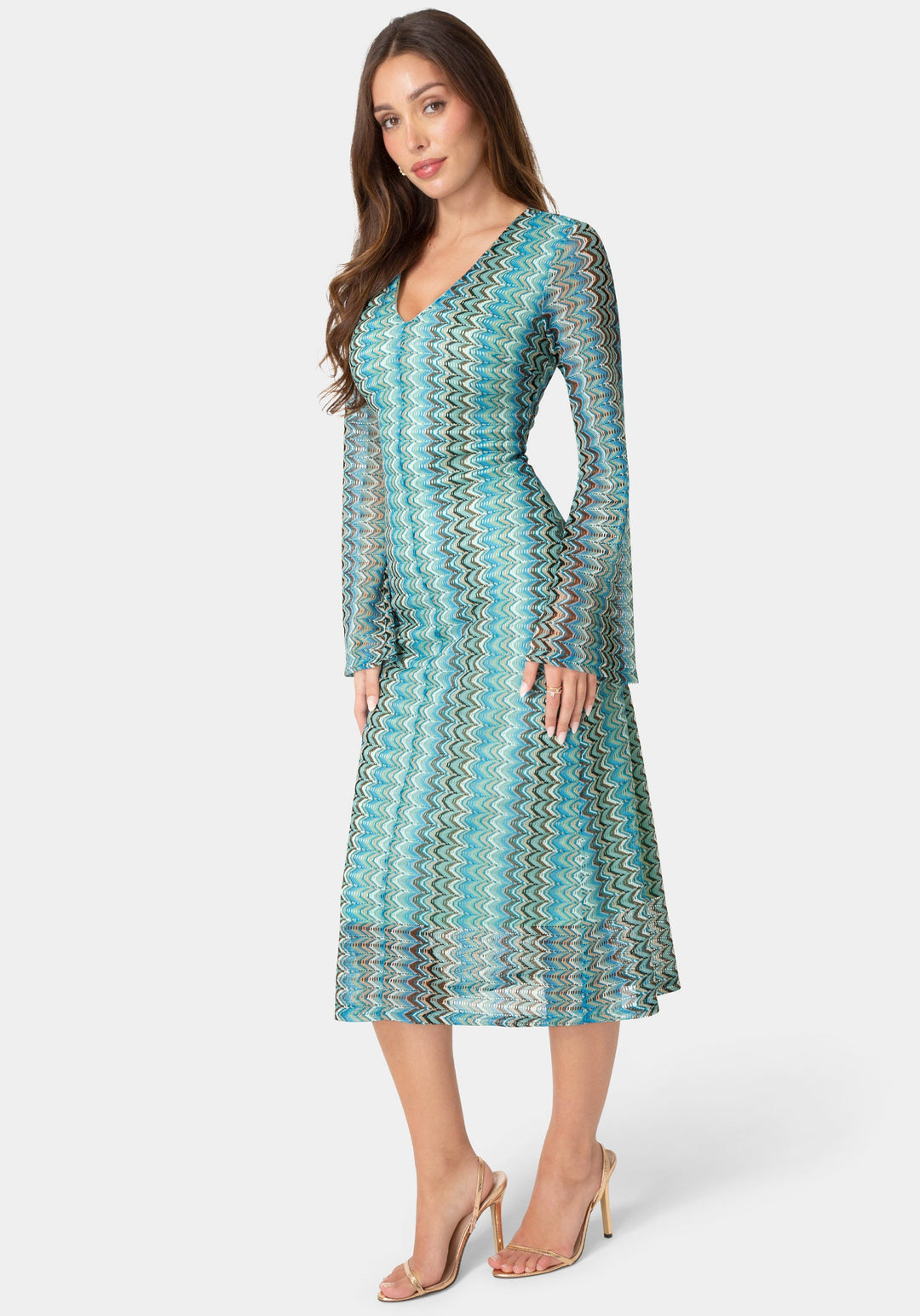 Side View-Crochet Stripe Bell Sleeve Maxi Dress-Blue Multi