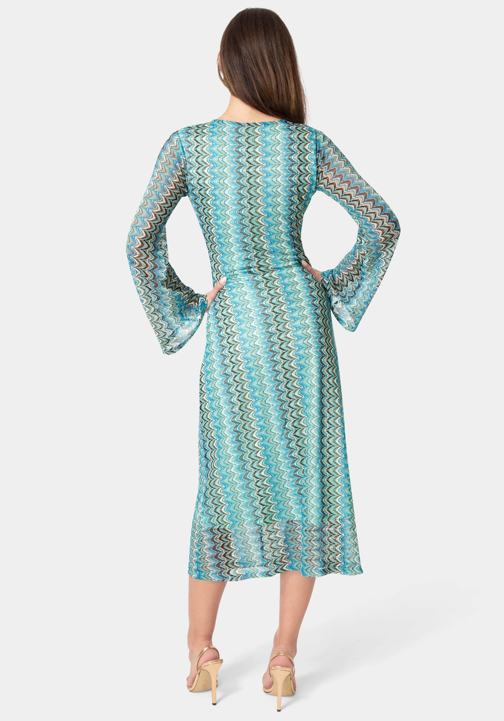 Back View-Crochet Stripe Bell Sleeve Maxi Dress-Blue Multi