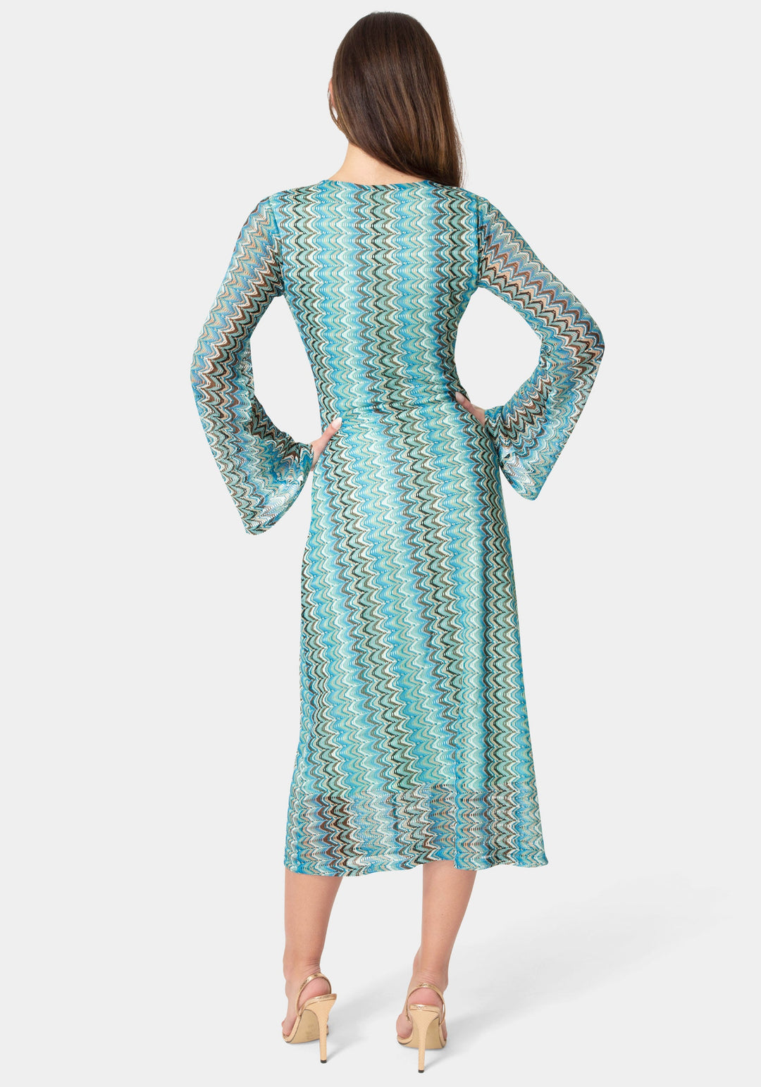 Back View-Crochet Stripe Bell Sleeve Maxi Dress-Blue Multi