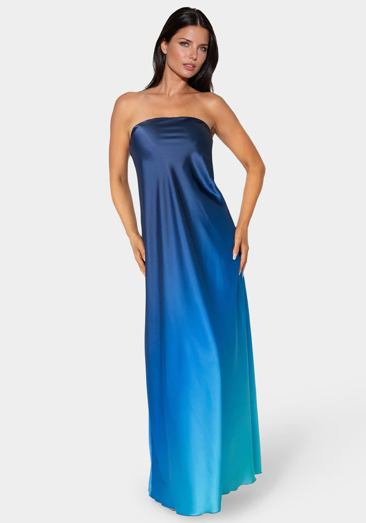 Front View- Ombre Satin Strapless Maxi Dress- Blue Multi