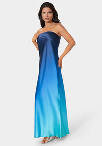 Side View- Ombre Satin Strapless Maxi Dress- Blue Multi