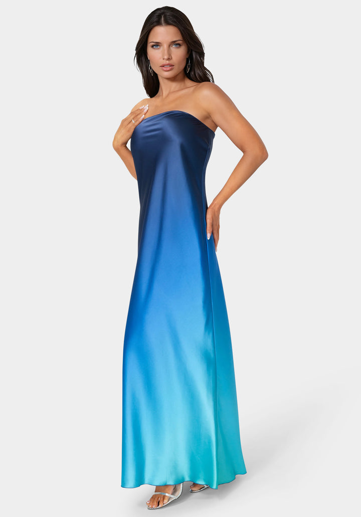 Side View- Ombre Satin Strapless Maxi Dress- Blue Multi
