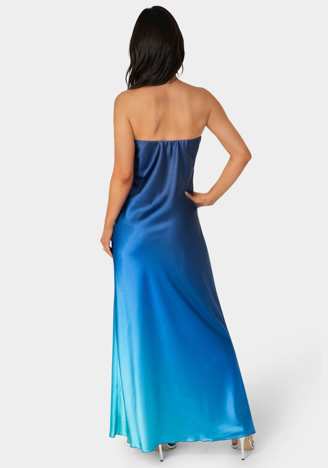 Ombre Satin Strapless Maxi Dress bebe Ombre Satin Strapless Maxi Dress bebe