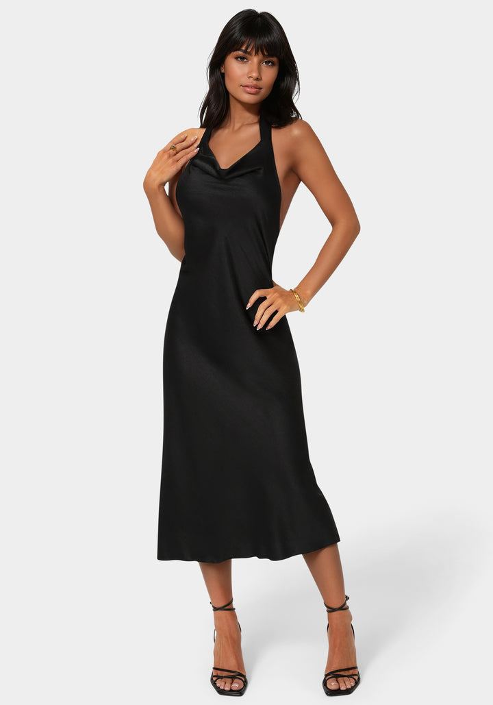 Front View-Satin Halter Front Cowl Neck Midi Dress-BLACK