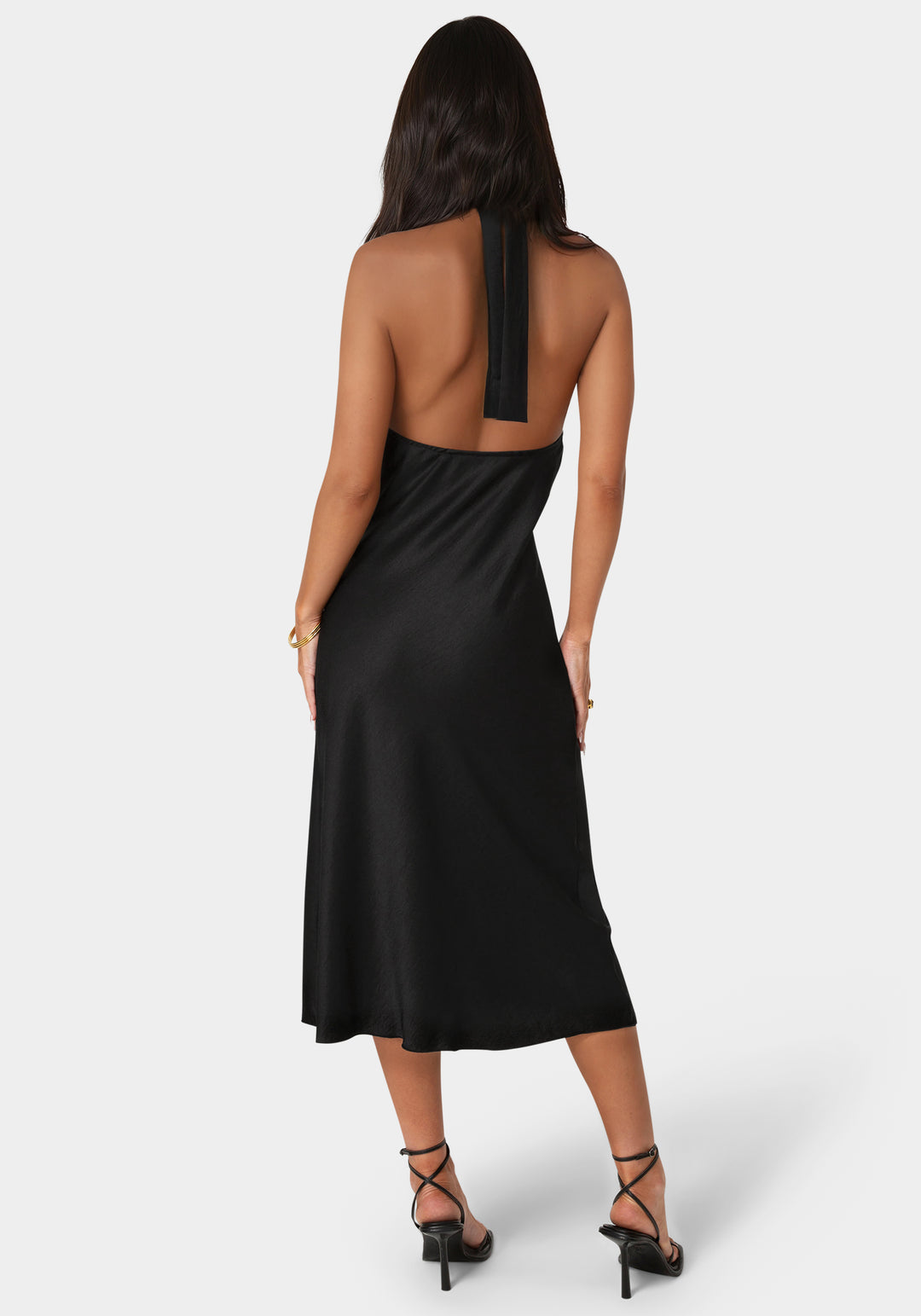 Back View-Satin Halter Front Cowl Neck Midi Dress-BLACK