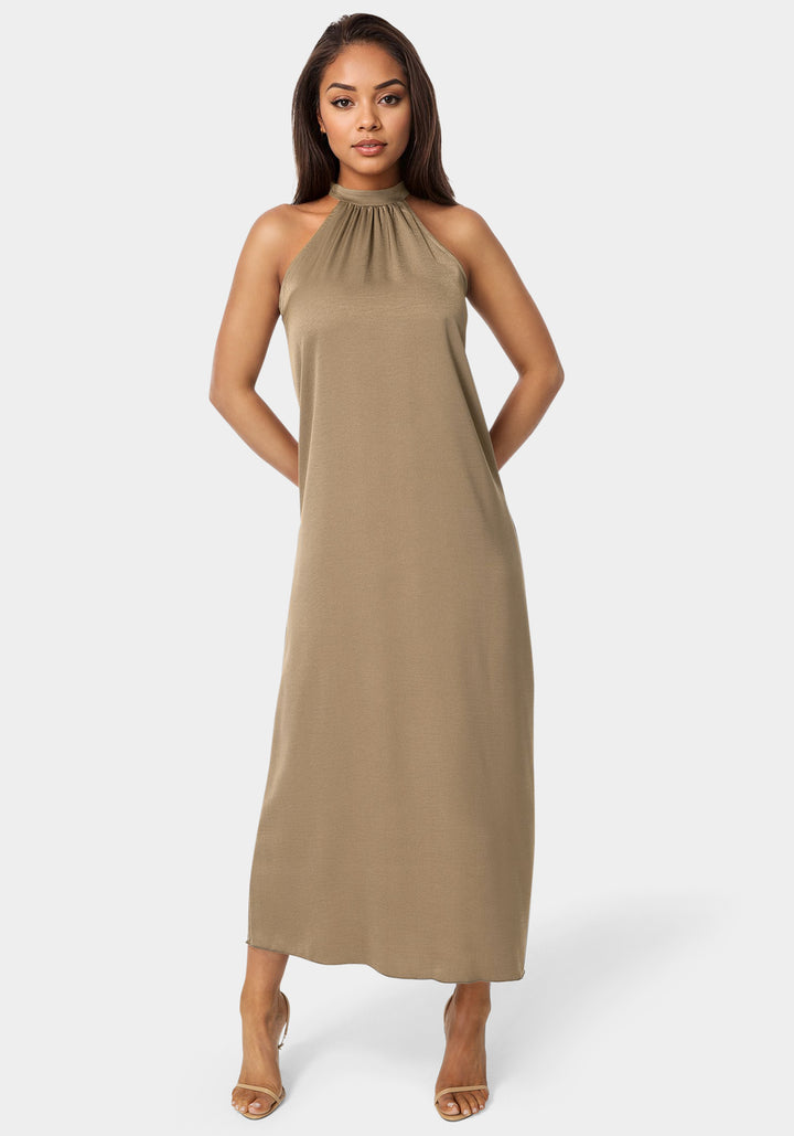 Front View-Crushed Satin Mock Neck Maxi Dress-Mocha