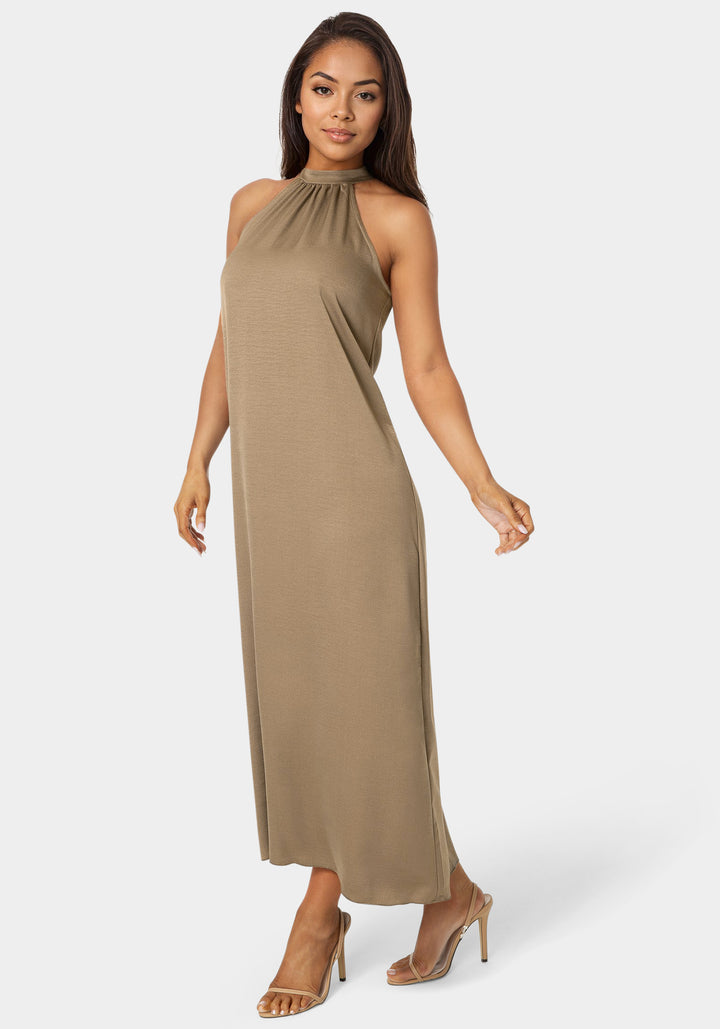 Side View-Crushed Satin Mock Neck Maxi Dress-Mocha