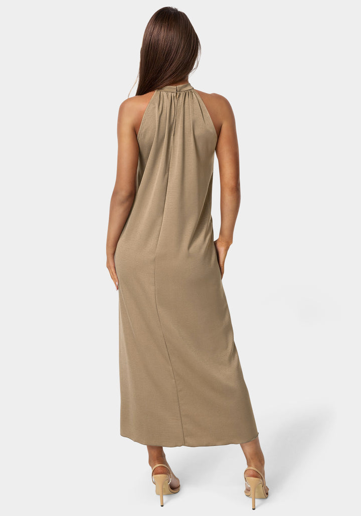 Back View-Crushed Satin Mock Neck Maxi Dress-Mocha