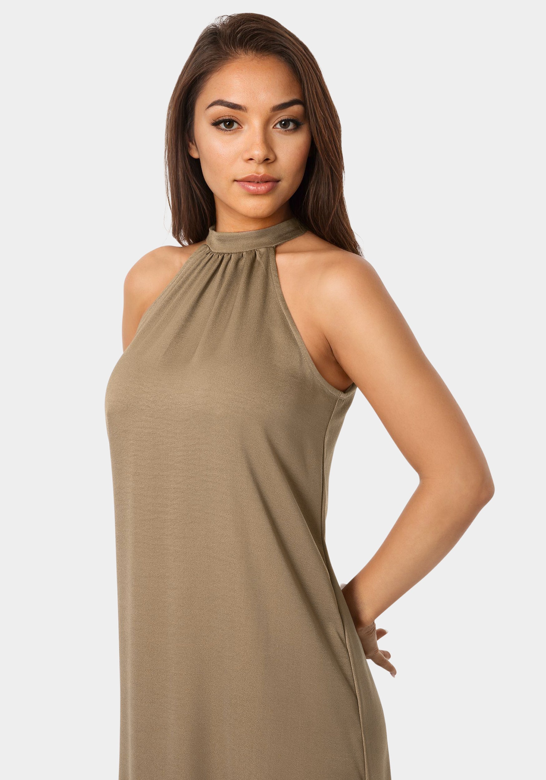 Other View-Crushed Satin Mock Neck Maxi Dress-Mocha