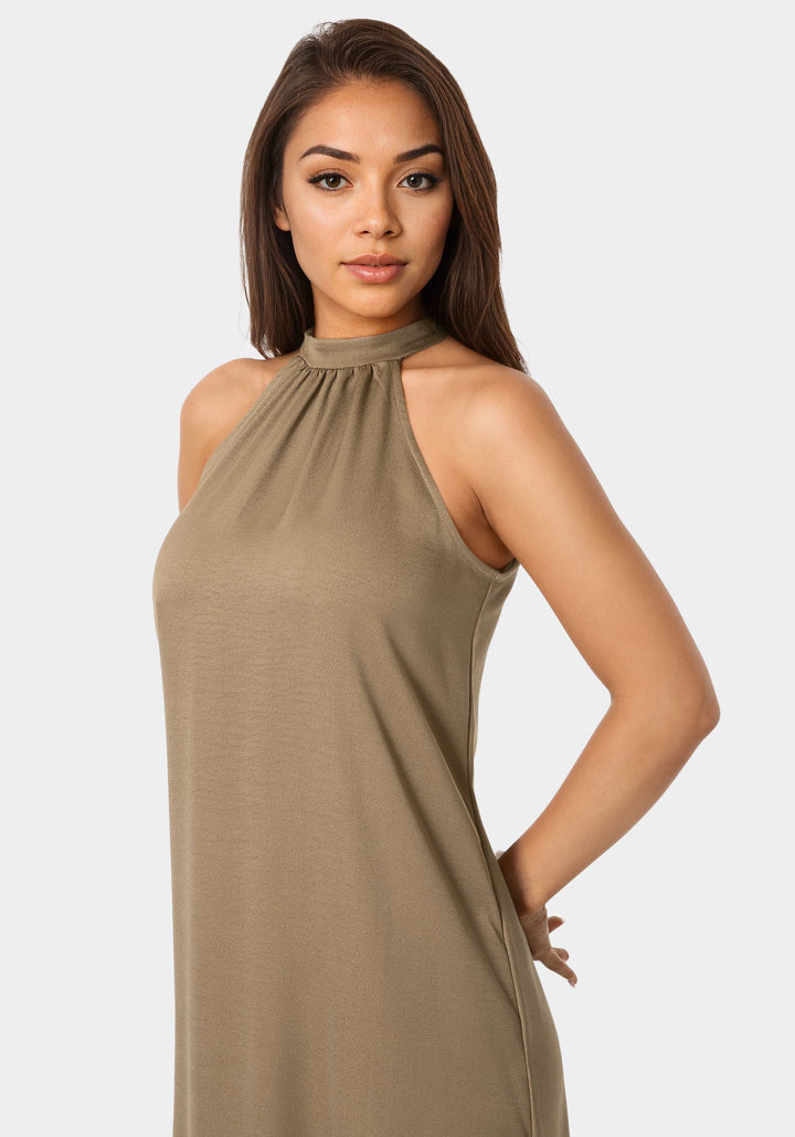Other View-Crushed Satin Mock Neck Maxi Dress-Mocha