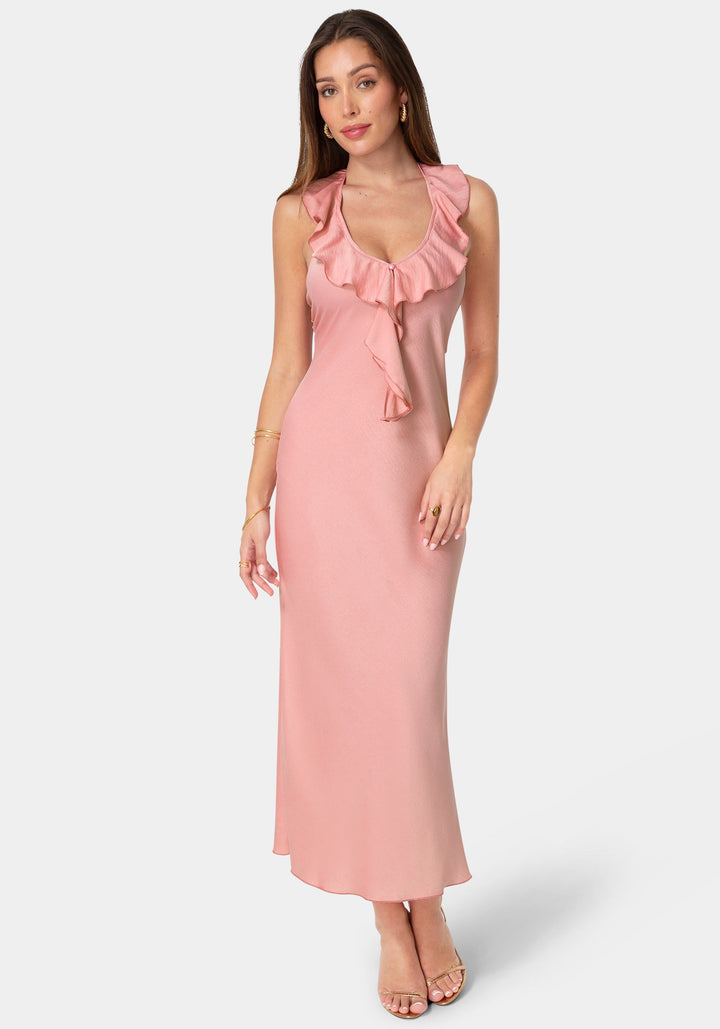 Front View-Crushed Satin Ruffle Halter Maxi Dress-Rose