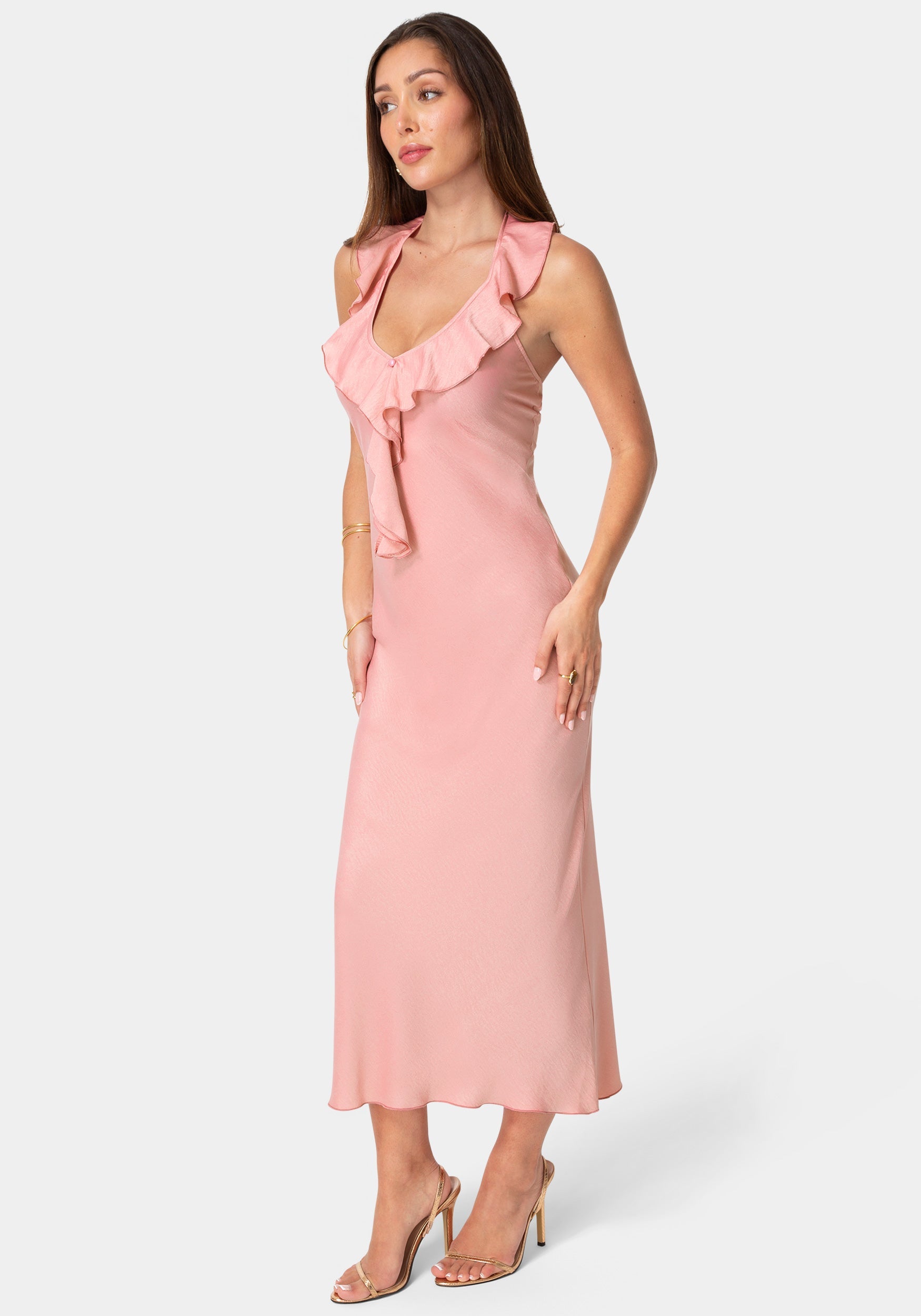 Side View-Crushed Satin Ruffle Halter Maxi Dress-Rose