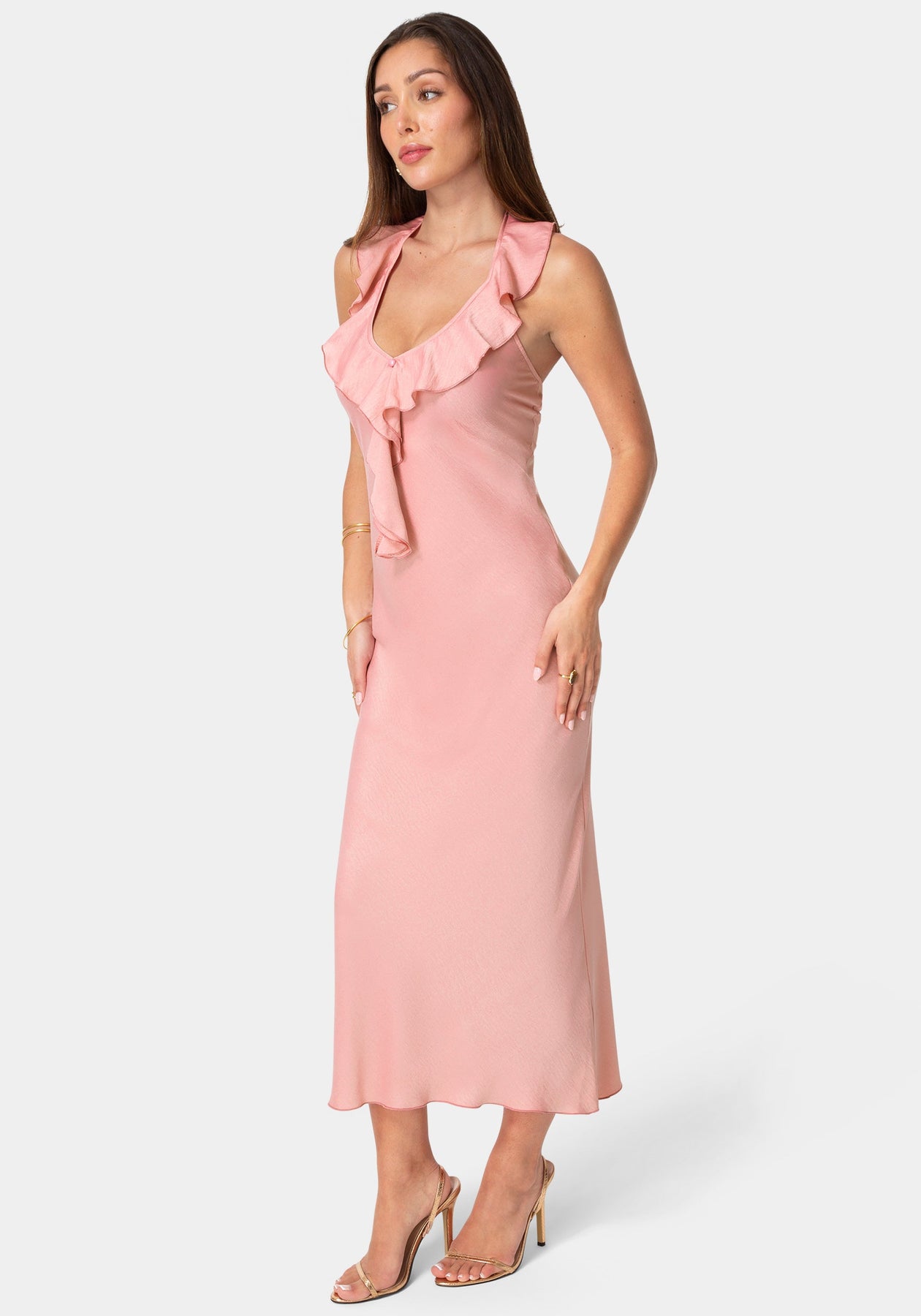 Crushed Satin Ruffle Halter Maxi Dress bebe Crushed Satin Ruffle Halter Maxi Dress bebe
