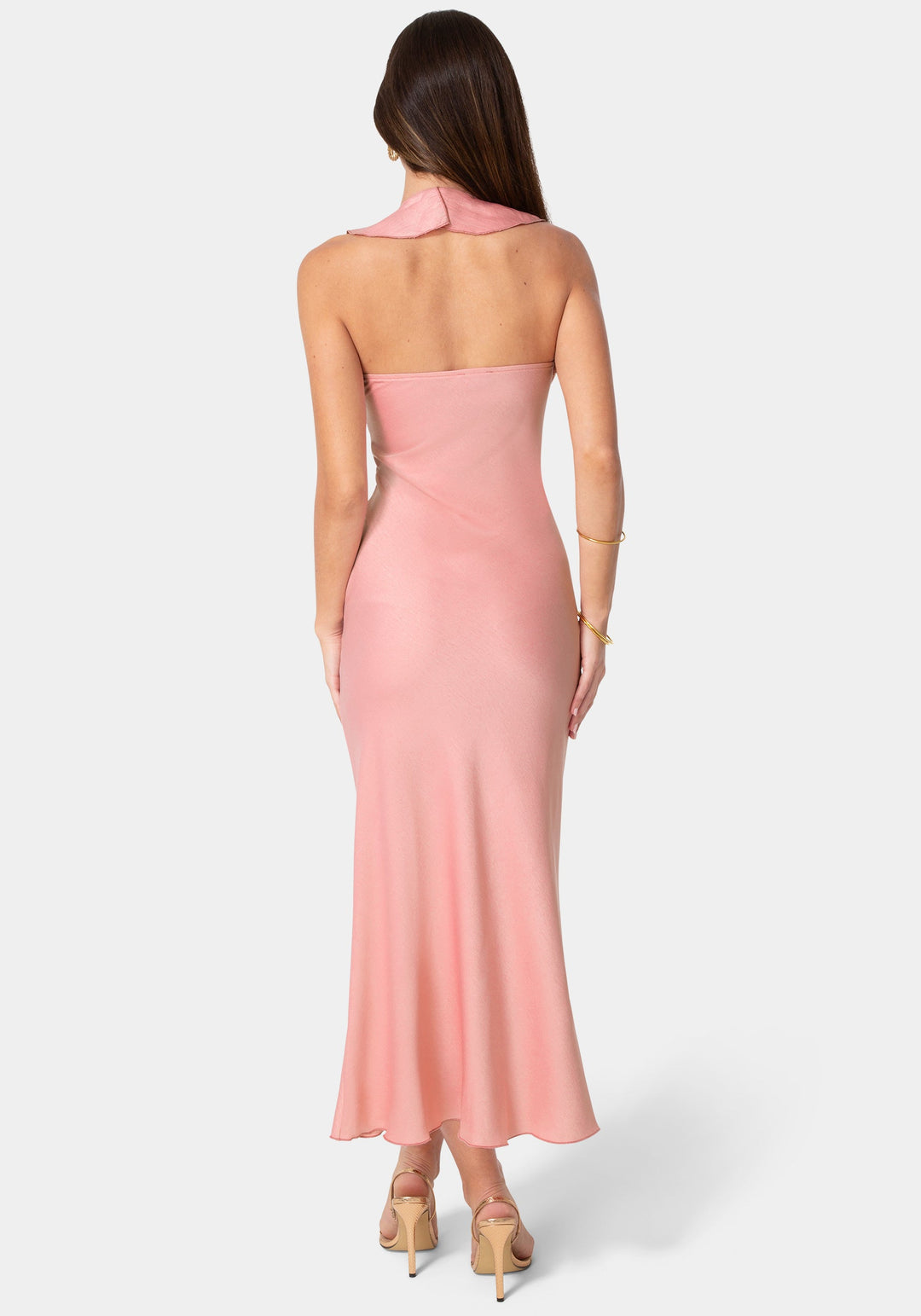 Back View-Crushed Satin Ruffle Halter Maxi Dress-Rose